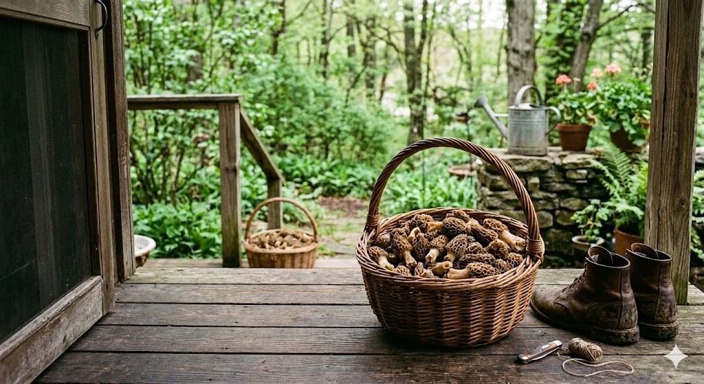 Fresh morels in a woven basket